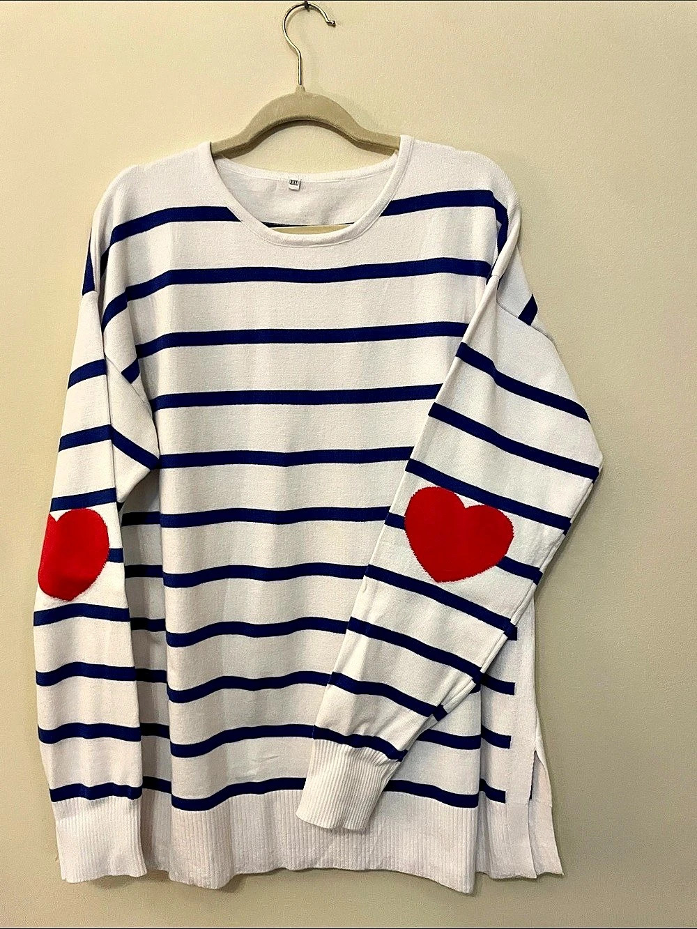 Striped Heart Sweater in White & Blue Like New